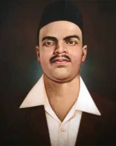 Painted colour portrait of Shivaram Rajguru in a dark jacket and white open collar, wearing a black cap